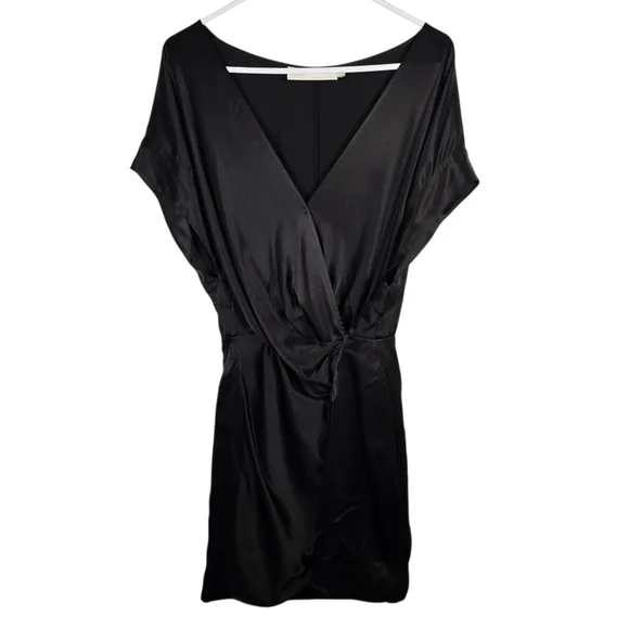 Michelle Mason Wide-Neck Faux Wrap Mini Dress In Black 100% Silk Deep V Neck 6 - Picture 1 of 14